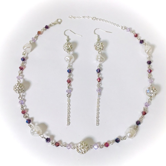 ✨NEW✨ Set Freshwater Pearl Silver Beaded Choker Necklace & Earrings - Picture 1 of 5